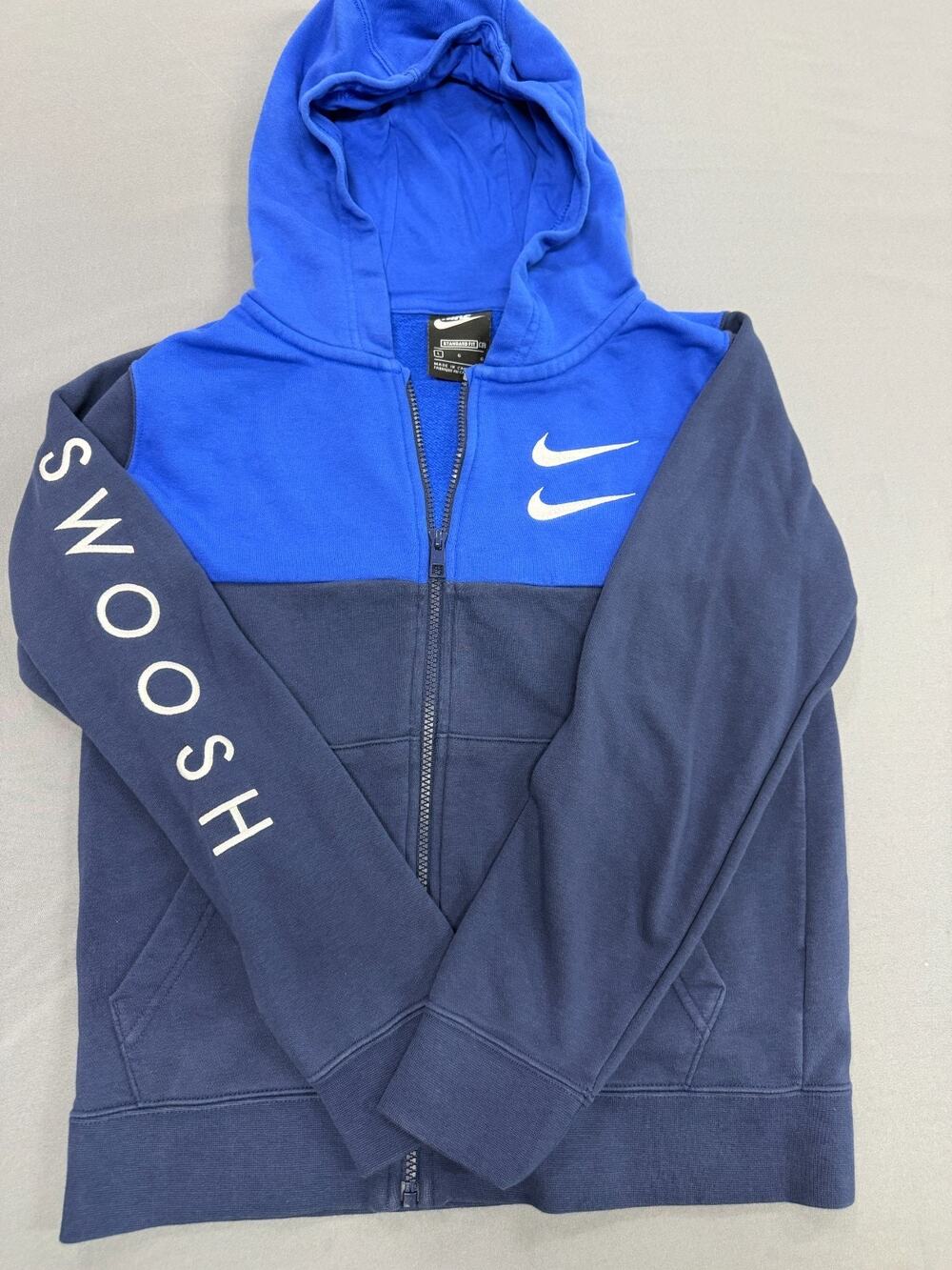 Nike Youth L Full Zip Hoodie Blue Swoosh Graphic Sleeve Logo Sweatshirt